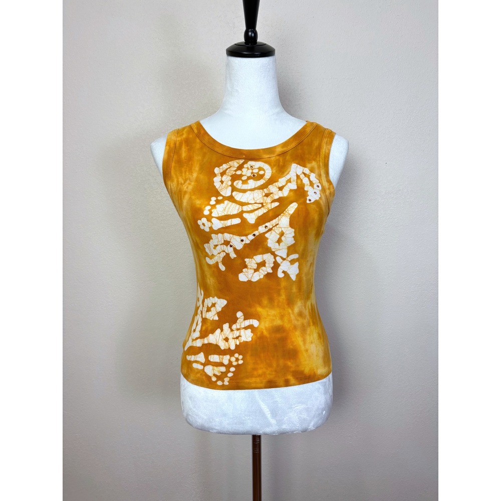Y2K Vintage Rampage Yellow Tie Die Rhinestone Sleeveless Shirt Size Small 2000s